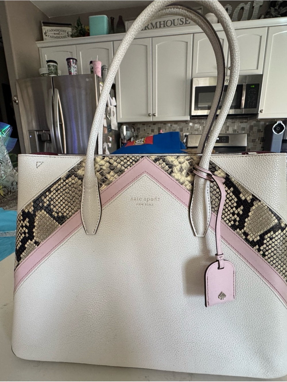 kate spade Cream Tote with Pink Trim & Snake-Print Accent